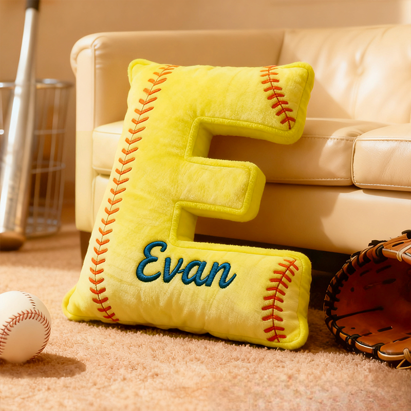 Personalized Softball Themed Letter Shaped Pillow with Custom Name