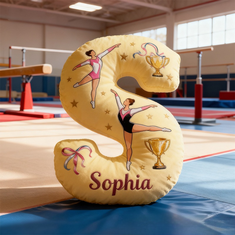 Personalized Graphic 3D Print Yellow Gymnastic Alphabet Shaped Pillow for Gymnastic Lovers Initial Pillow Christmas Gift for Kids