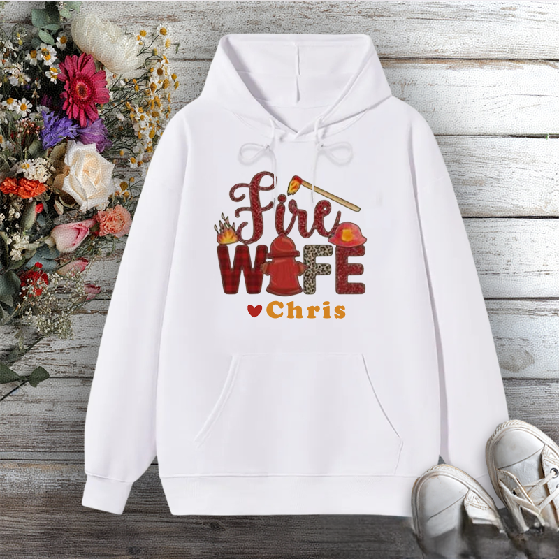 Personalized Fire Wife Hoodie with Fire Helmet Flame and Axe Design Gift for Firefighter Wives