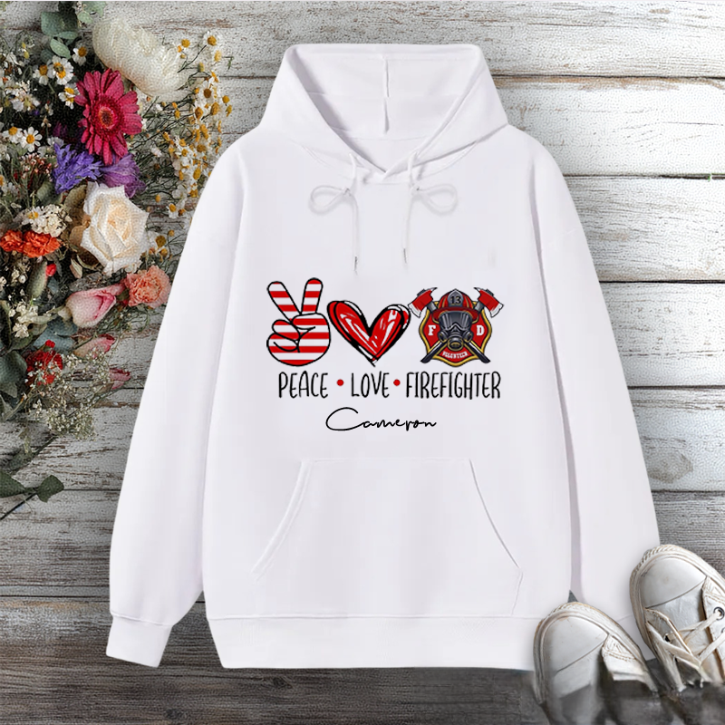 Personalized Hoodie Peace Love Firefighter Design with Hand Heart and Fire Helmet Elements Gift for Firefighter