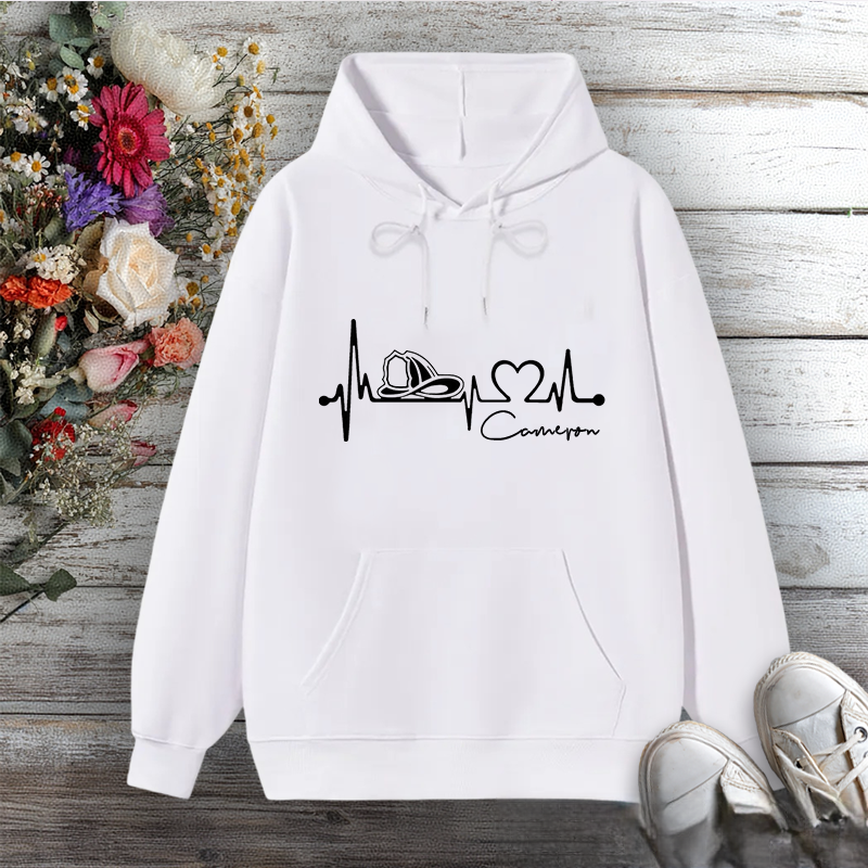 Personalized Hoodie Firefighter Heartbeat Line Design with Fire Helmet Gift for Firefighter