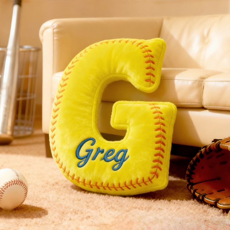 Personalized Softball Themed Letter Shaped Pillow with Custom Name