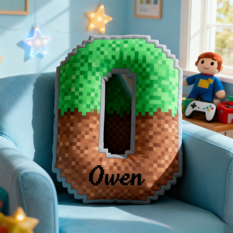 Personalized Pixel Grass Graphic 3D Print Alphabet Shaped Pillow for Game Lovers Initial Pillow Christmas Gift for Kids