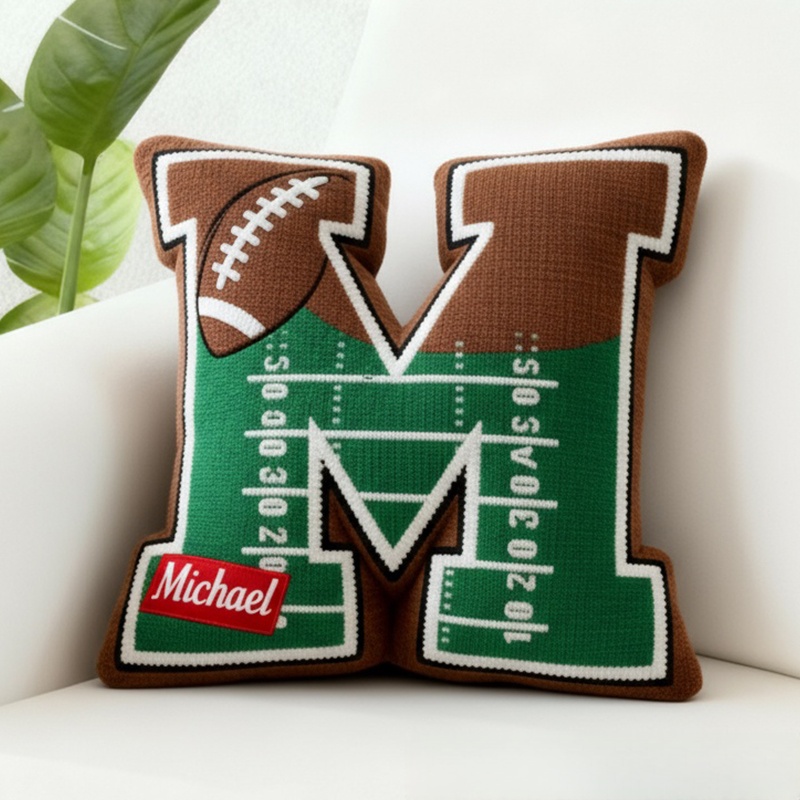 Personalized Football Field Initial Pillow with Custom Name for Kids and Sports Fans