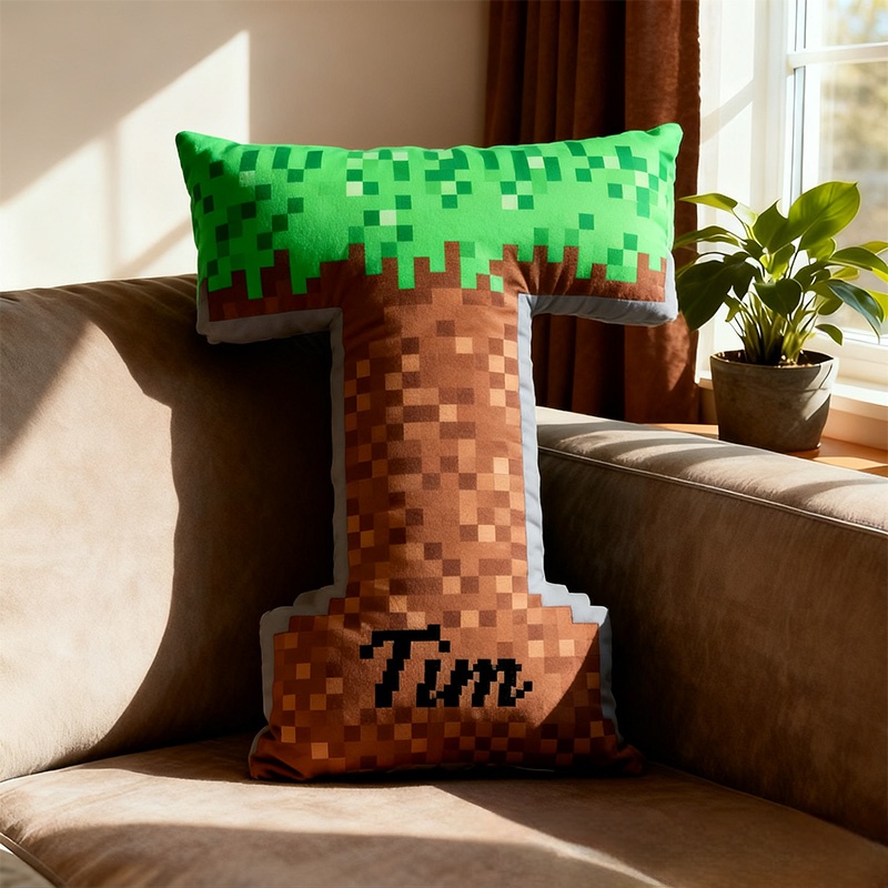 Personalized Pixel Grass Graphic 3D Print Alphabet Shaped Pillow for Game Lovers Initial Pillow Christmas Gift for Kids