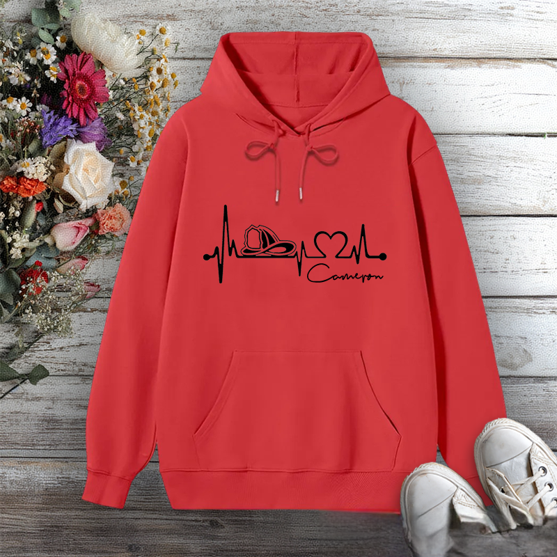 Personalized Hoodie Firefighter Heartbeat Line Design with Fire Helmet Gift for Firefighter