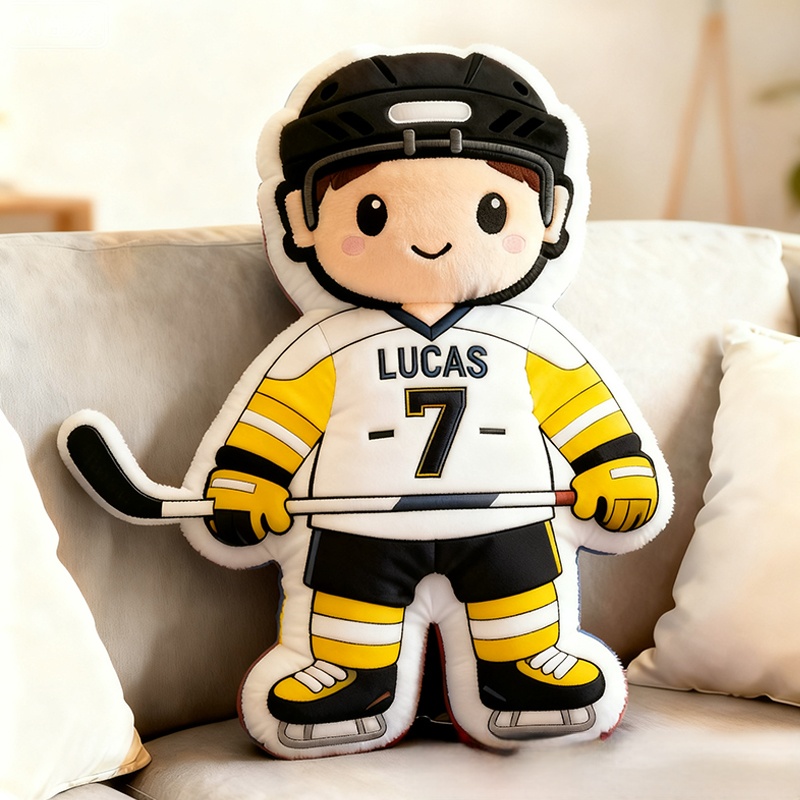 Personalized Cute Ice Hockey Themed Pillow with Custom Name and Jersey Number for Kids and Fans