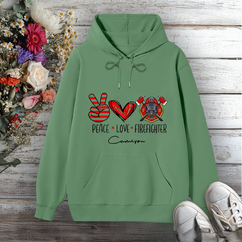 Personalized Hoodie Peace Love Firefighter Design with Hand Heart and Fire Helmet Elements Gift for Firefighter
