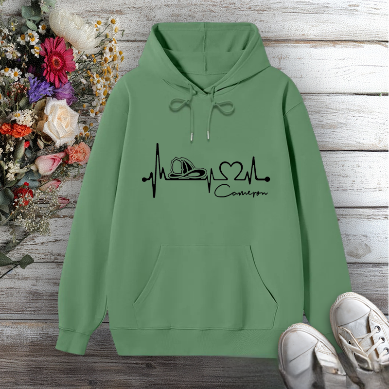 Personalized Hoodie Firefighter Heartbeat Line Design with Fire Helmet Gift for Firefighter