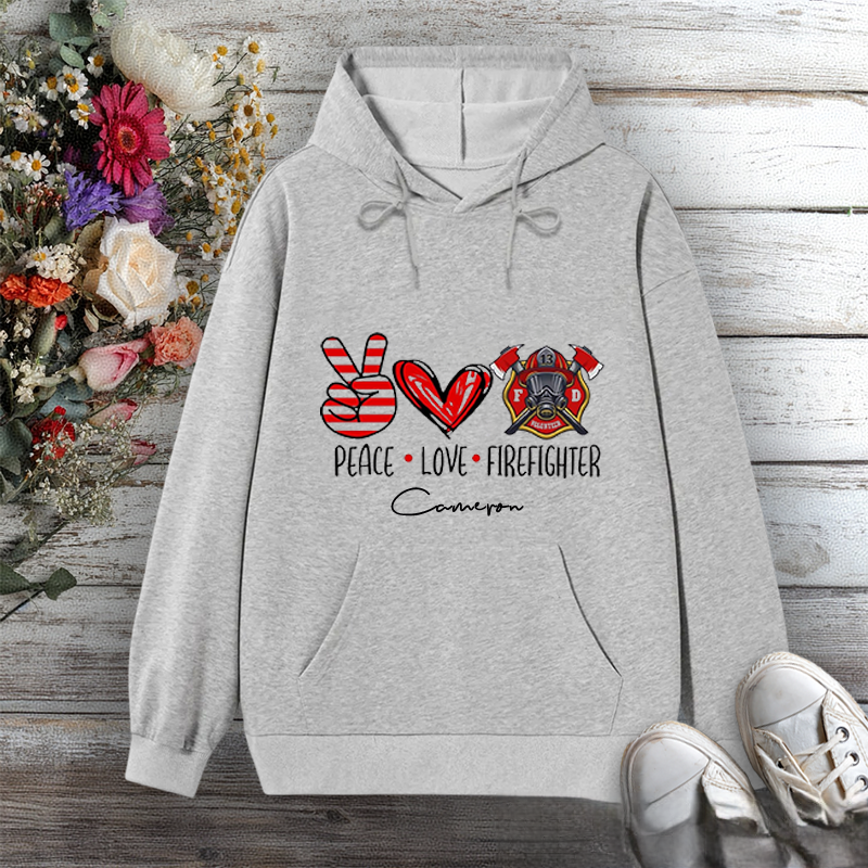 Personalized Hoodie Peace Love Firefighter Design with Hand Heart and Fire Helmet Elements Gift for Firefighter