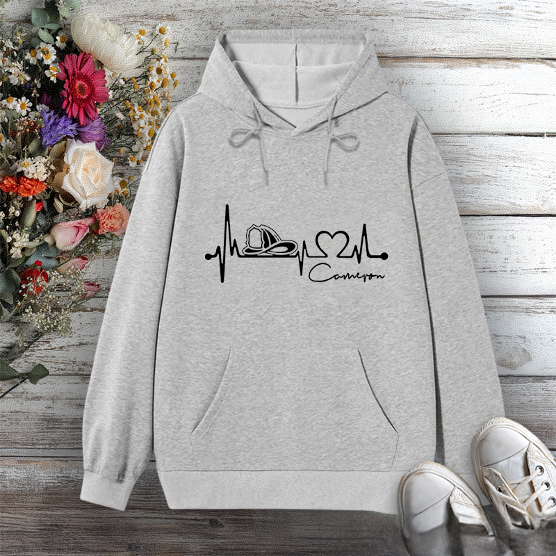 Personalized Hoodie Firefighter Heartbeat Line Design with Fire Helmet Gift for Firefighter