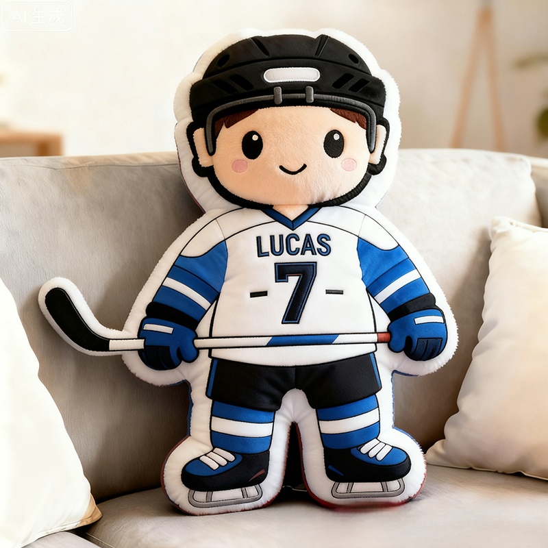 Personalized Cute Ice Hockey Themed Pillow with Custom Name and Jersey Number for Kids and Fans
