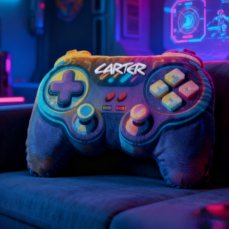 Personalized Neon-Style Game Controller Pillow Custom Gamer Lover Pillow Gift for Game Geek