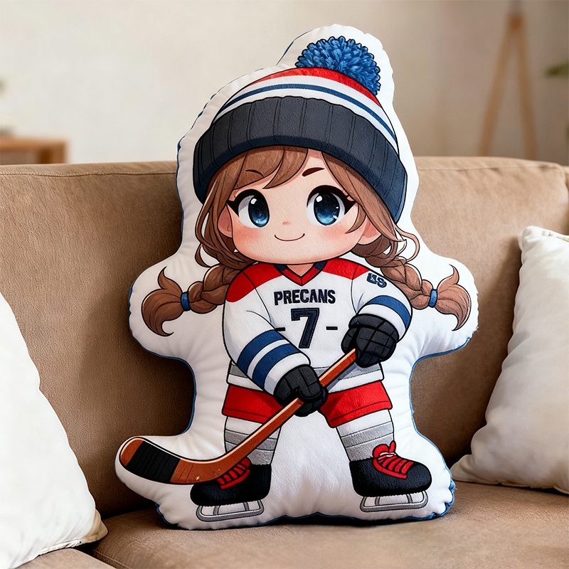 Personalized Cute Ice Hockey Themed Pillow with Custom Name and Jersey Number for Kids and Fans