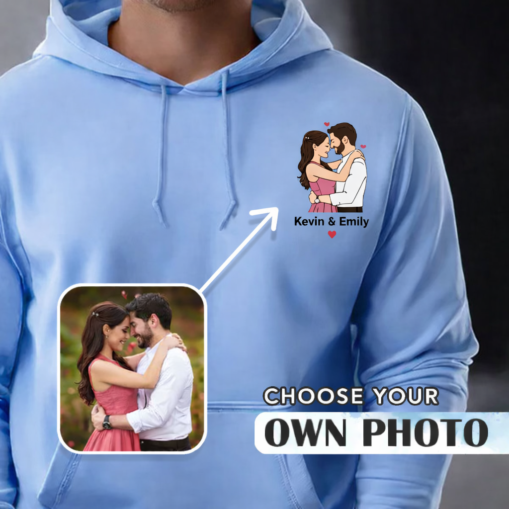 Custom Portrait Hoodie for Couples, Hoodie with Date, Couple Hoodies, Matching Embroidered Hoodies, Romantic Couple Gift