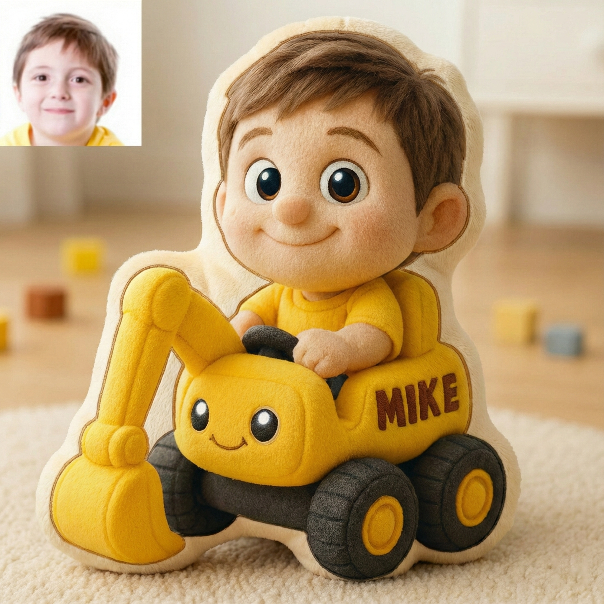 Personalized Kids Construction Vehicle 3D Pillow With Photo For Construction Vehicle Lovers