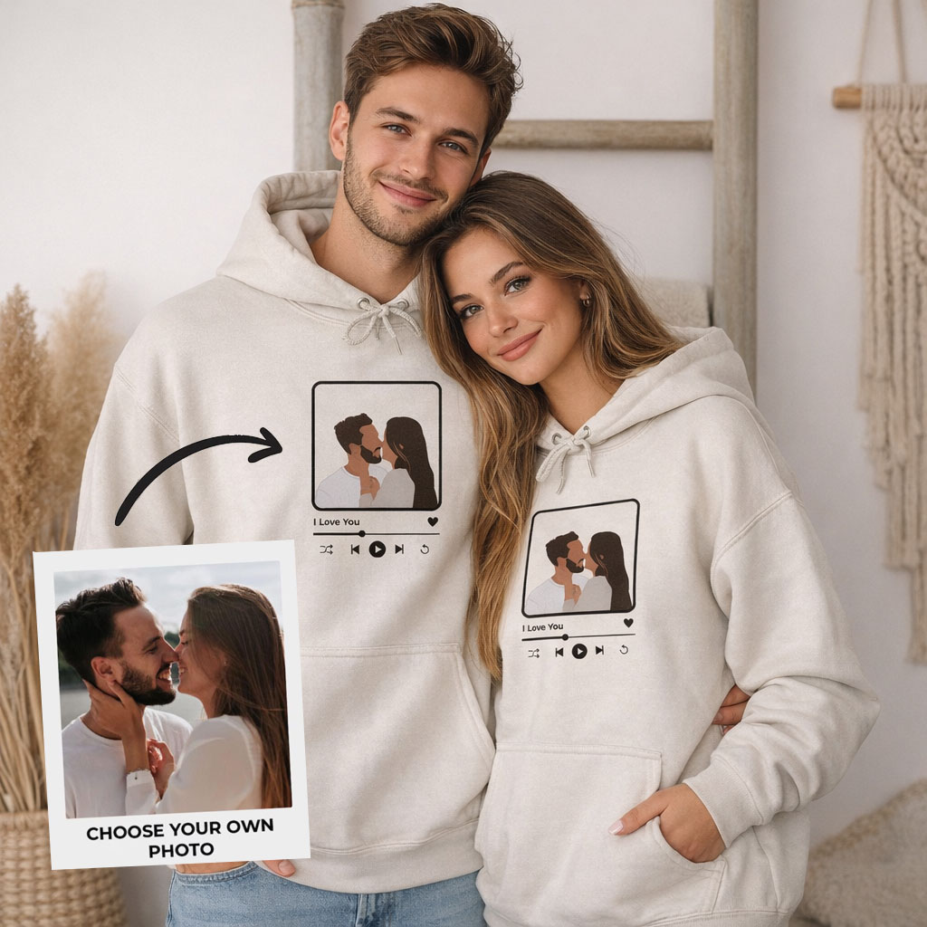Custom Portrait Hoodie for Couples, Hoodie with musi, Couple Hoodies, Matching Embroidered Hoodies, Romantic Couple Gift