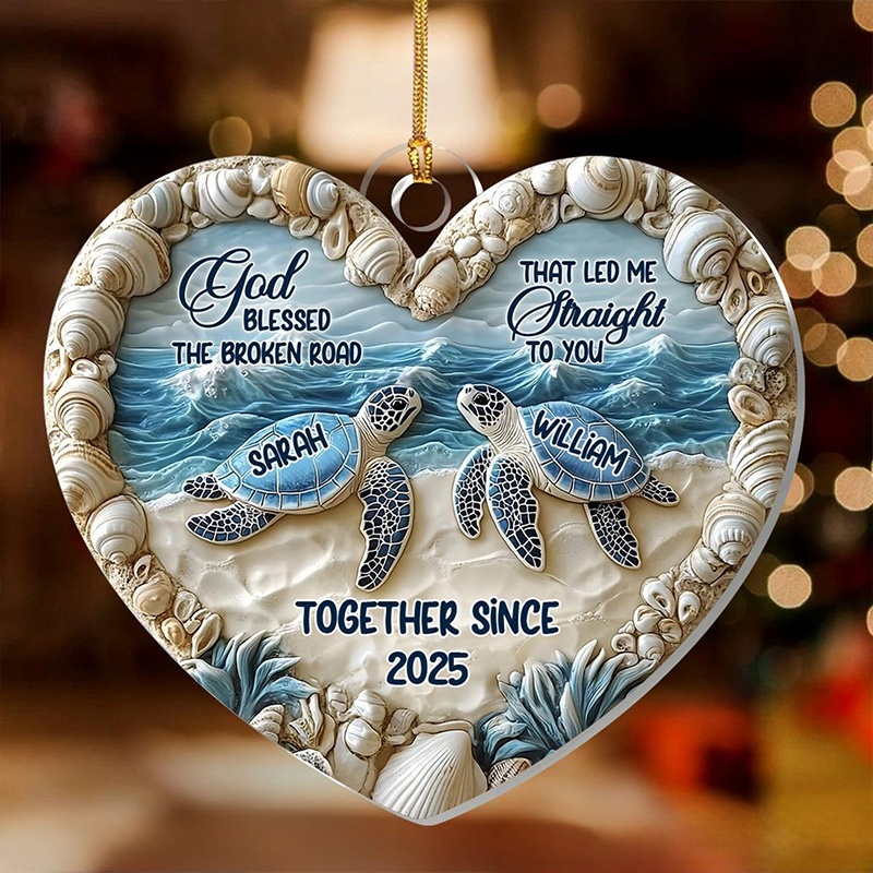Personalized God Blessed the Broken Road Sea Turtle Couple Heart Acrylic Ornament with Name Christian Gift Valentine's Day Gift for Couple