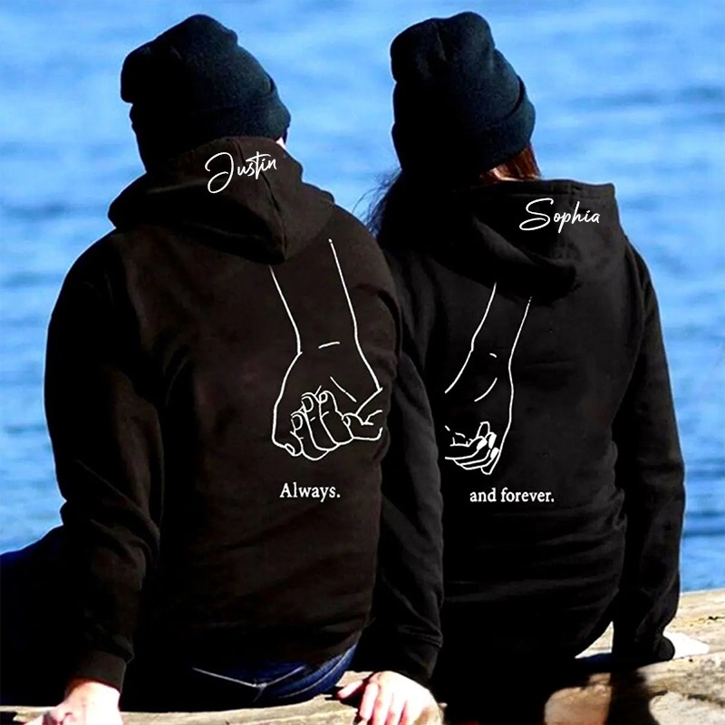 Personalized Couple Always and Forever Matching Hoodie with Name Custom Couple Line Holding Hands Sweatshirt Anniversary Gift Valentine's Day Gift