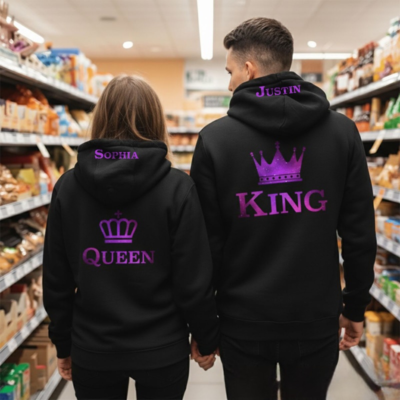 Personalized Couple Purple King and Queen with Crown Matching Hoodie Custom Couple Sweatshirt with Name Anniversary Gift Valentine's Day Gift