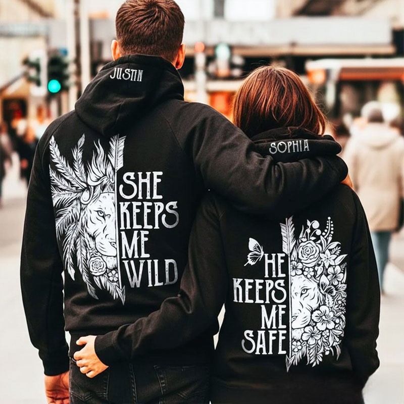 Personalized Couple She Keeps Me Wild and He Keeps Me Safe Matching Hoodie Custom Couple Sweatshirt with Name Anniversary Gift Valentine's Day Gift