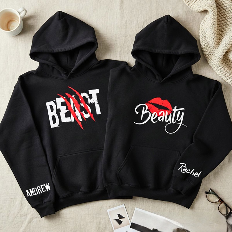 Personalized Couple Beast with Claw and Beauty with Kiss Matching Hoodie Custom Couple Sweatshirt with Name Anniversary Gift Valentine's Day Gift