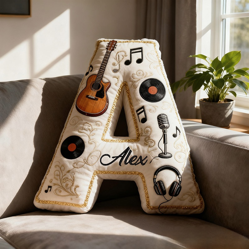 Personalized Graphic 3D Print Vinyl Records and Guitars Pillow With Your Own Name Soft Stuffed Toy for Kids Music Lovers Unique Decorative Cushion for Room