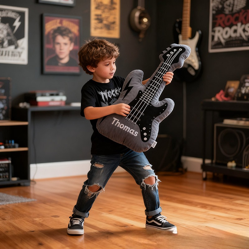 Personalized Graphic 3D Print Electric Guitar Pillow With Your Own Name Soft Stuffed Toy for Rock Music Lovers Unique Decorative Cushion for Boys' Room and Music Room