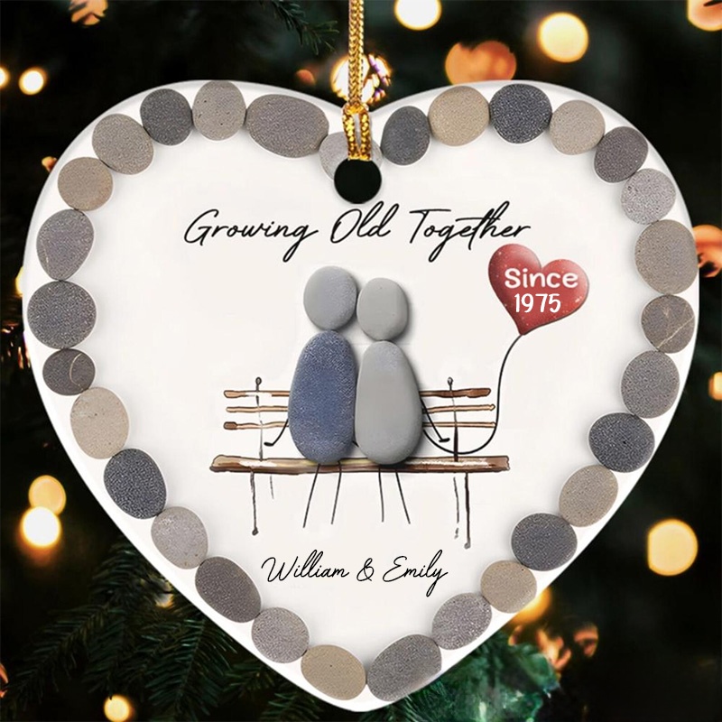 Personalized Growing Old Together Heart Ornament Couple Pebble Art Keepsake 2D Flat Anniversary Gift for Husband Wife Couple Christmas Gift