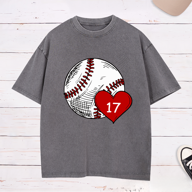 Personalized Baseball Fan Washed T-Shirts with Heart and Number Graphic for a Loving Touch