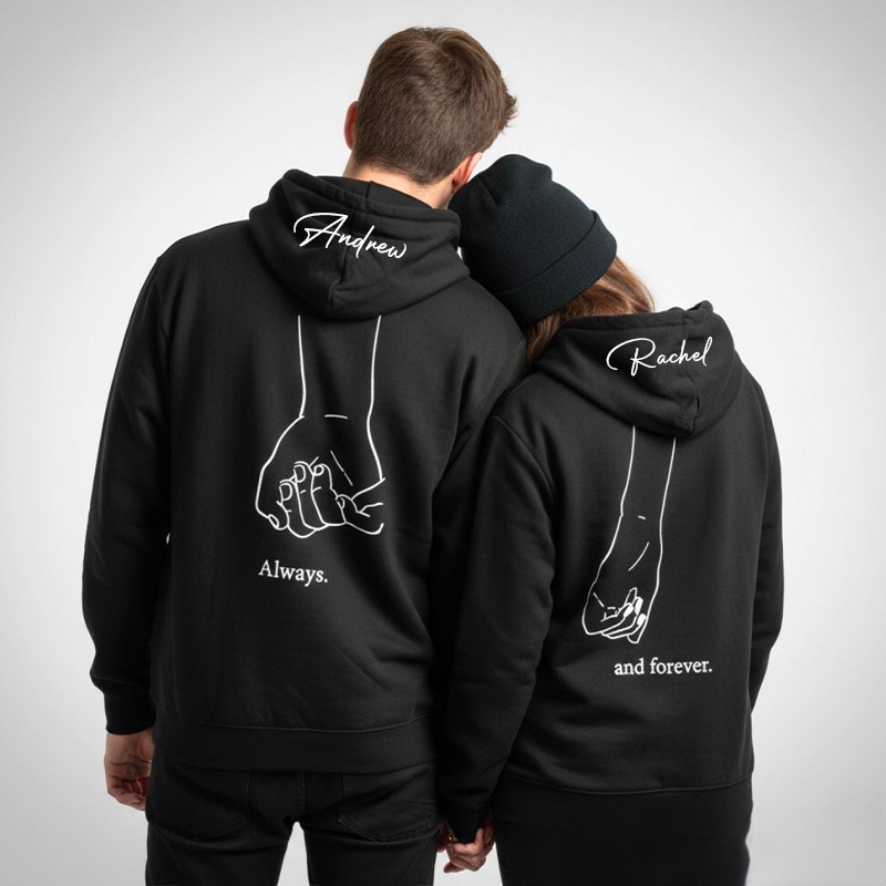 Personalized Couple Always and Forever Matching Hoodie with Name Custom Couple Line Holding Hands Sweatshirt Anniversary Gift Valentine's Day Gift