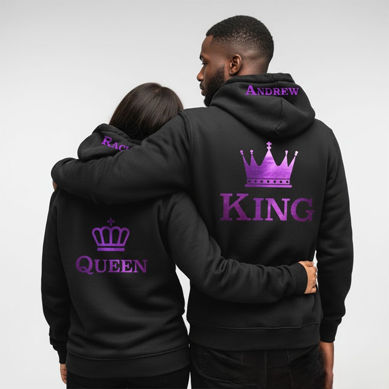 Personalized Couple Purple King and Queen with Crown Matching Hoodie Custom Couple Sweatshirt with Name Anniversary Gift Valentine's Day Gift