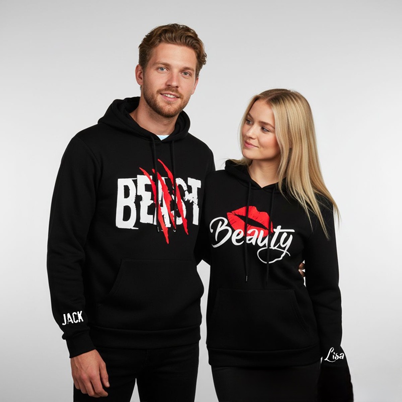 Personalized Couple Beast with Claw and Beauty with Kiss Matching Hoodie Custom Couple Sweatshirt with Name Anniversary Gift Valentine's Day Gift