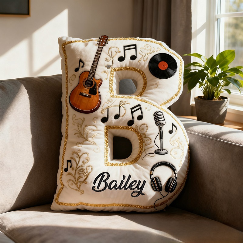 Personalized Graphic 3D Print Vinyl Records and Guitars Pillow With Your Own Name Soft Stuffed Toy for Kids Music Lovers Unique Decorative Cushion for Room