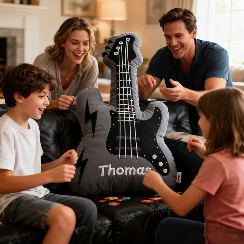 Personalized Graphic 3D Print Electric Guitar Pillow With Your Own Name Soft Stuffed Toy for Rock Music Lovers Unique Decorative Cushion for Boys' Room and Music Room