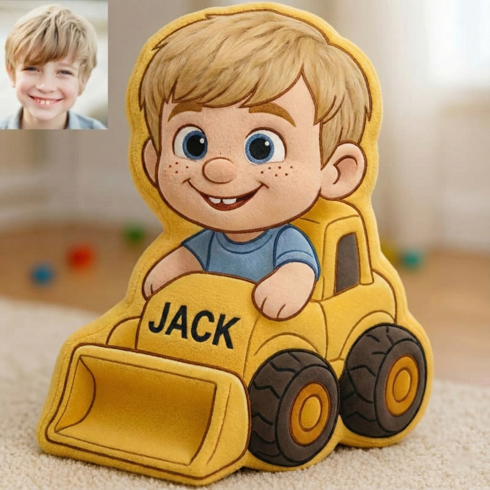 Personalized Kids Construction Vehicle 3D Pillow With Photo For Construction Vehicle Lovers