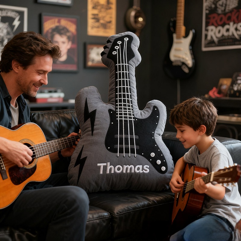 Personalized Graphic 3D Print Electric Guitar Pillow With Your Own Name Soft Stuffed Toy for Rock Music Lovers Unique Decorative Cushion for Boys' Room and Music Room