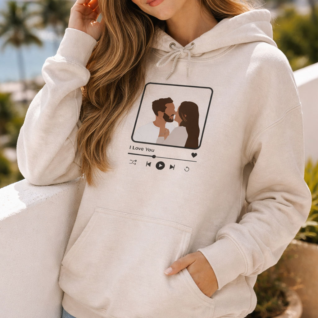 Custom Portrait Hoodie for Couples, Hoodie with musi, Couple Hoodies, Matching Embroidered Hoodies, Romantic Couple Gift