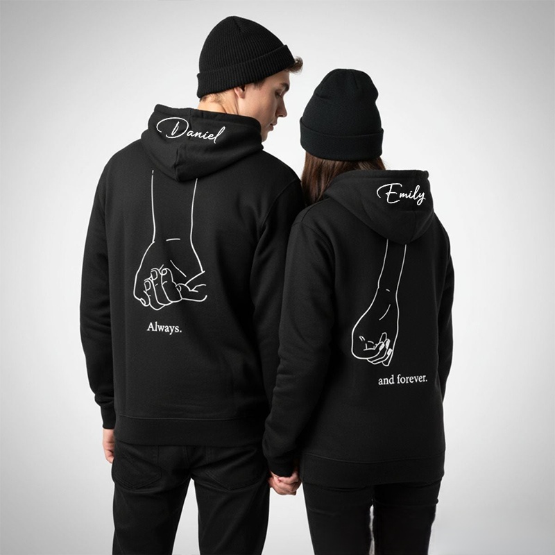 Personalized Couple Always and Forever Matching Hoodie with Name Custom Couple Line Holding Hands Sweatshirt Anniversary Gift Valentine's Day Gift