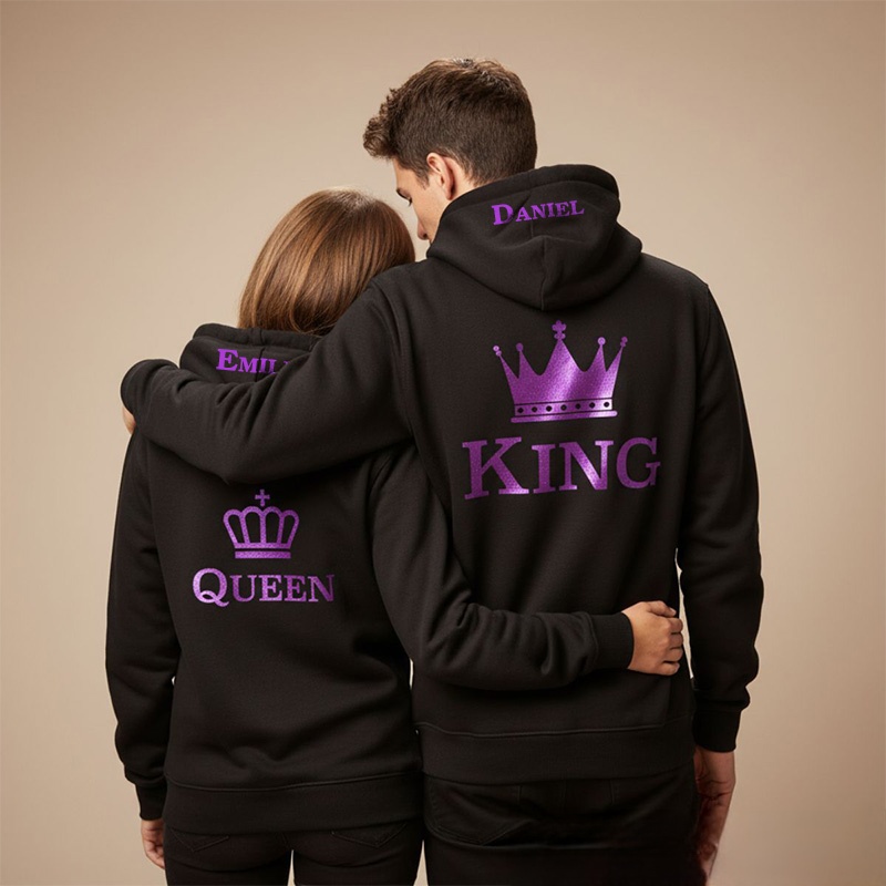 Personalized Couple Purple King and Queen with Crown Matching Hoodie Custom Couple Sweatshirt with Name Anniversary Gift Valentine's Day Gift