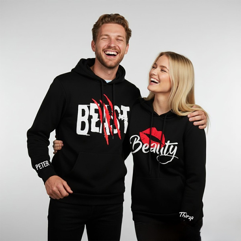 Personalized Couple Beast with Claw and Beauty with Kiss Matching Hoodie Custom Couple Sweatshirt with Name Anniversary Gift Valentine's Day Gift