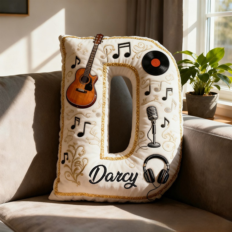Personalized Graphic 3D Print Vinyl Records and Guitars Pillow With Your Own Name Soft Stuffed Toy for Kids Music Lovers Unique Decorative Cushion for Room