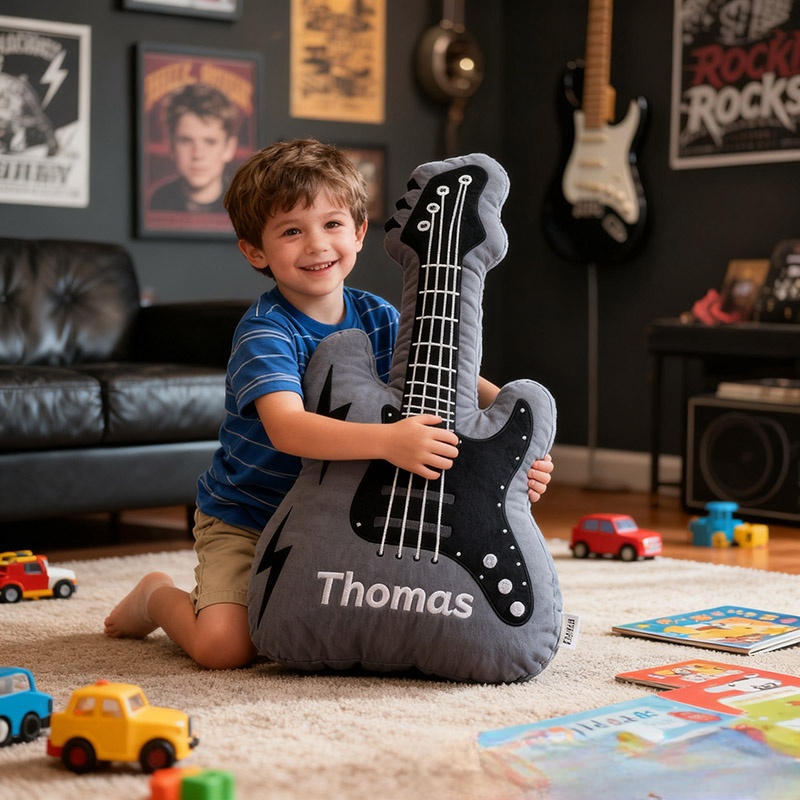 Personalized Graphic 3D Print Electric Guitar Pillow With Your Own Name Soft Stuffed Toy for Rock Music Lovers Unique Decorative Cushion for Boys' Room and Music Room