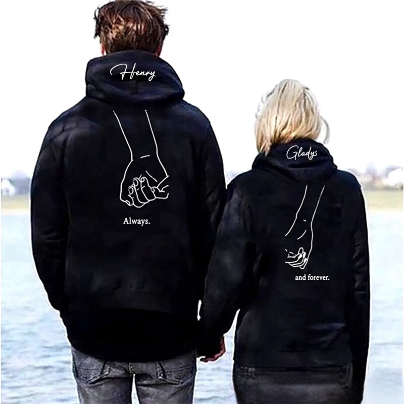 Personalized Couple Always and Forever Matching Hoodie with Name Custom Couple Line Holding Hands Sweatshirt Anniversary Gift Valentine's Day Gift