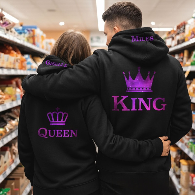 Personalized Couple Purple King and Queen with Crown Matching Hoodie Custom Couple Sweatshirt with Name Anniversary Gift Valentine's Day Gift