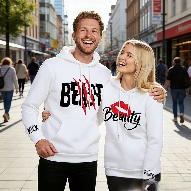 Personalized Couple Beast with Claw and Beauty with Kiss Matching Hoodie Custom Couple Sweatshirt with Name Anniversary Gift Valentine's Day Gift