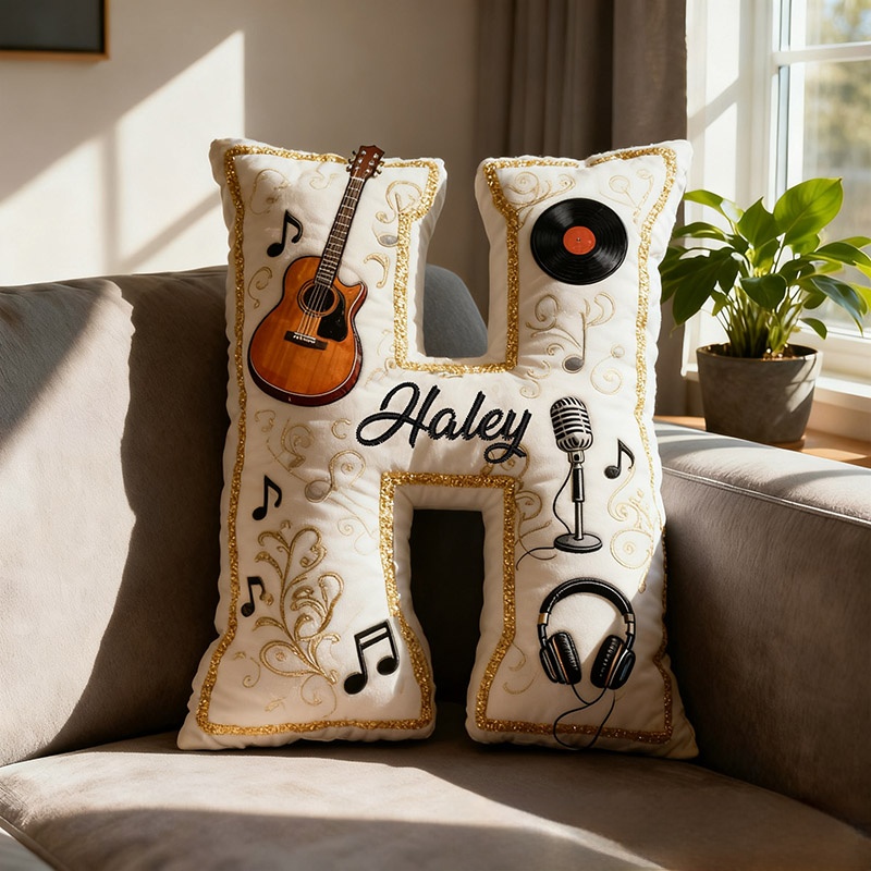 Personalized Graphic 3D Print Vinyl Records and Guitars Pillow With Your Own Name Soft Stuffed Toy for Kids Music Lovers Unique Decorative Cushion for Room