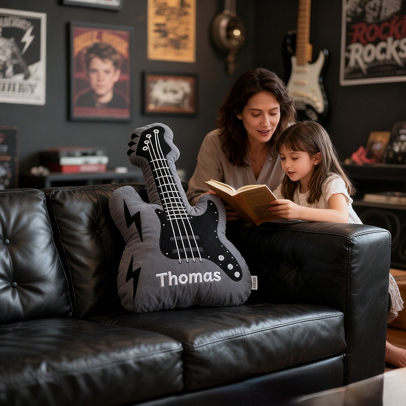 Personalized Graphic 3D Print Electric Guitar Pillow With Your Own Name Soft Stuffed Toy for Rock Music Lovers Unique Decorative Cushion for Boys' Room and Music Room