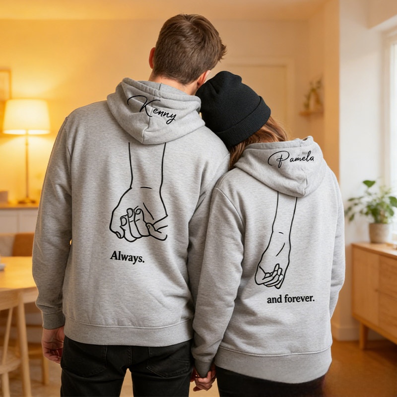 Personalized Couple Always and Forever Matching Hoodie with Name Custom Couple Line Holding Hands Sweatshirt Anniversary Gift Valentine's Day Gift
