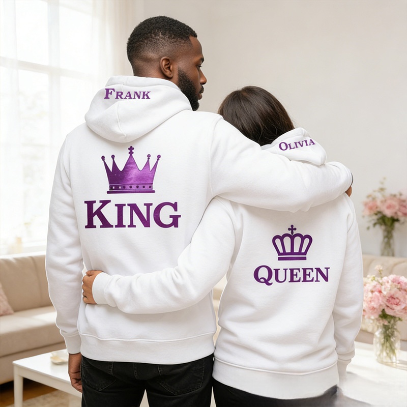Personalized Couple Purple King and Queen with Crown Matching Hoodie Custom Couple Sweatshirt with Name Anniversary Gift Valentine's Day Gift